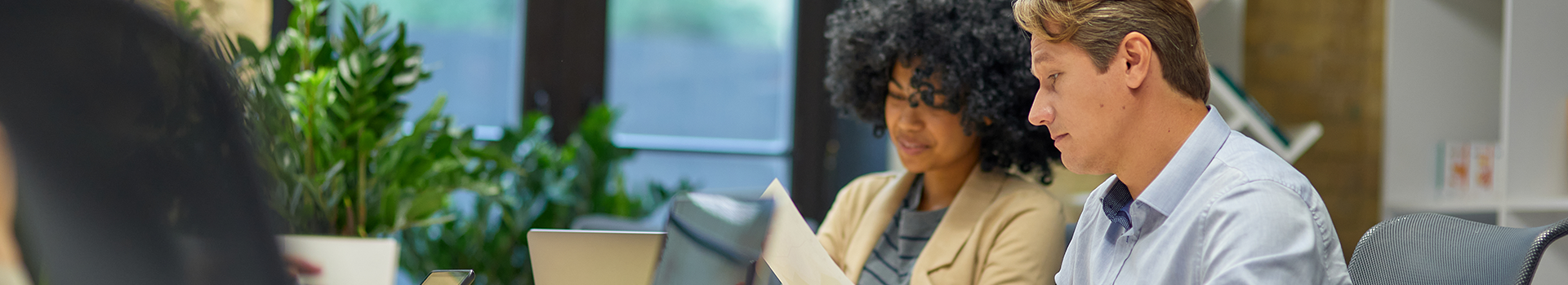 Coworkers work side by side at their desks in a shared office.